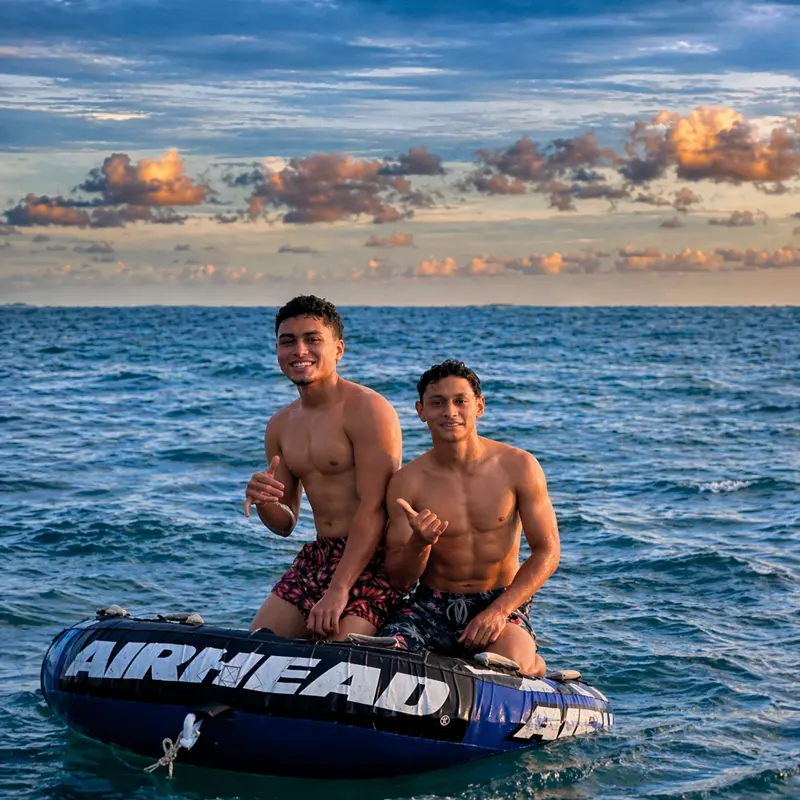 Sunset boat tour in Tamarindo Costa Rica with guests enjoying tubing