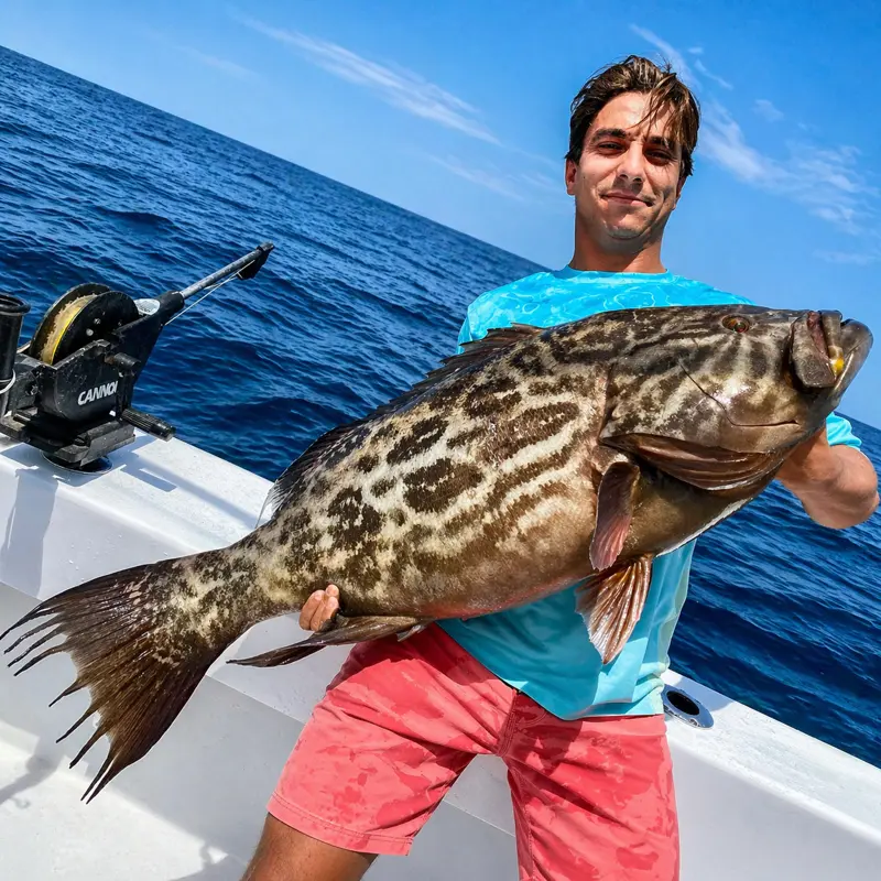 Successful angler in blue shirt holding a large grouper fish catch
