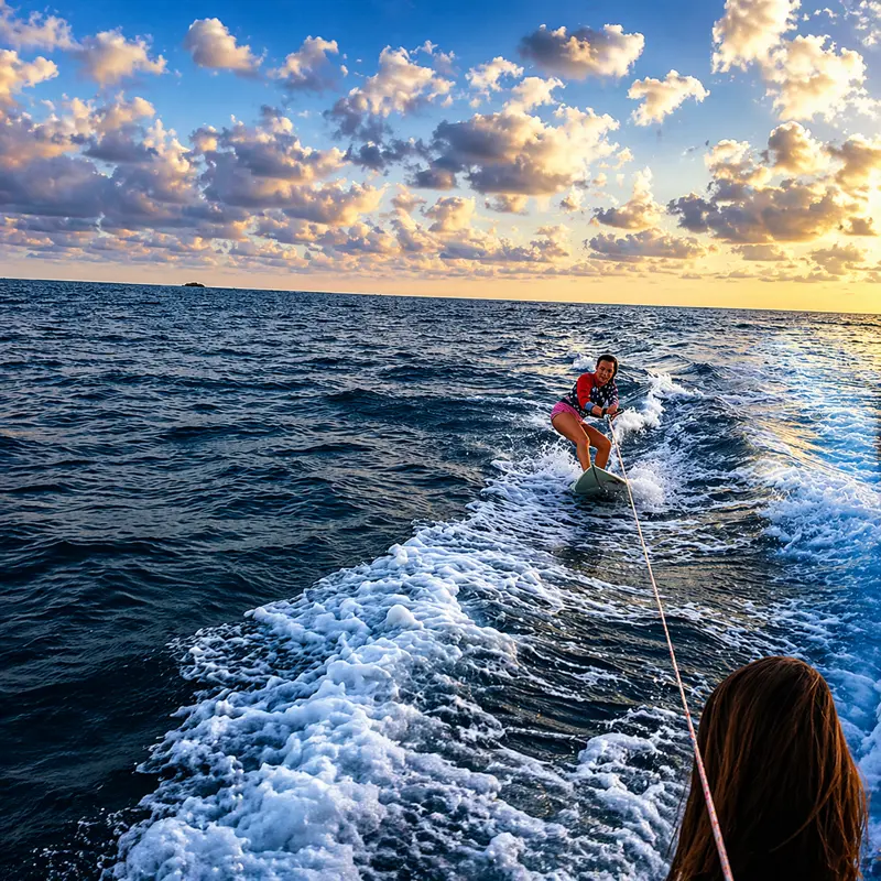 Person water-skiing across the Pacific ocean during Tamarindo sunset
