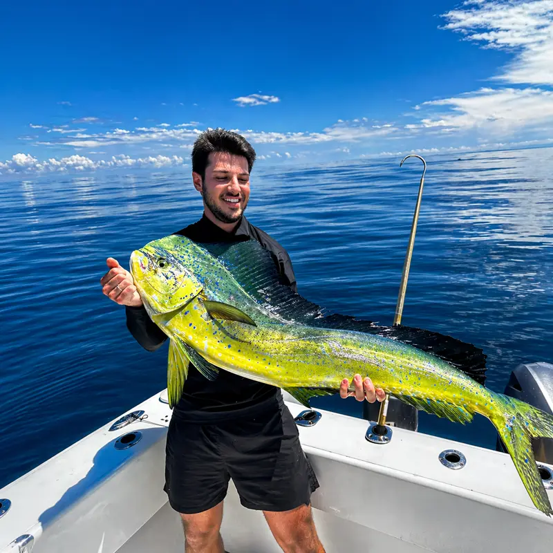 Young man in water holding bright mahi-mahi on a Tamarindo sport fishing charter