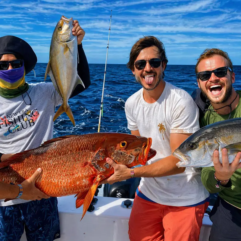 Happy fishermen on private boat charter holding multiple catches